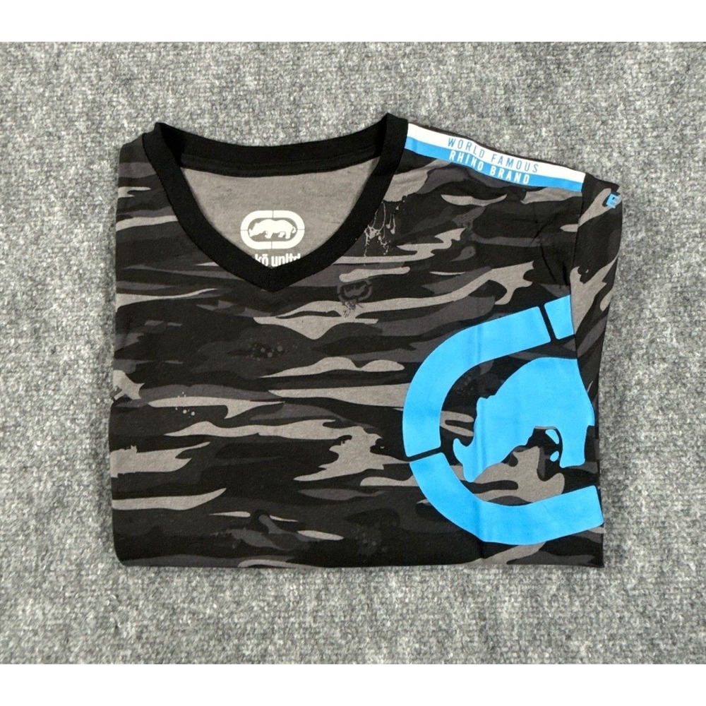 Ecko Unltd Mens Large Black Camo Blue Rhino Graphic Streetwear T Shirt NWT